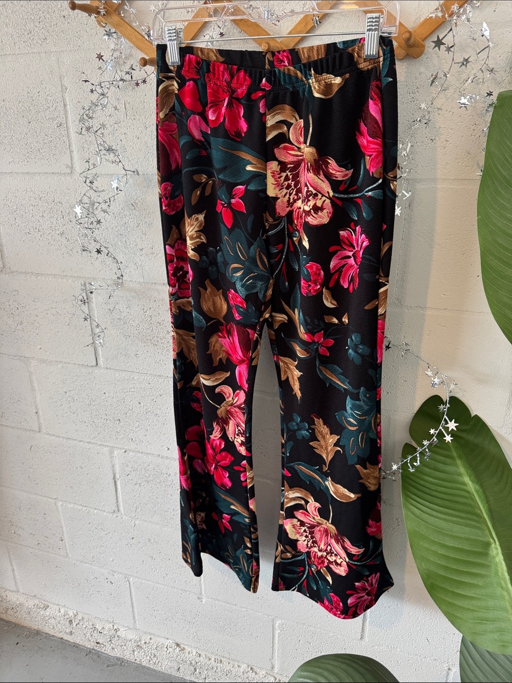 Floral Bell bottom Pants in Black with Pink & Gold Accent